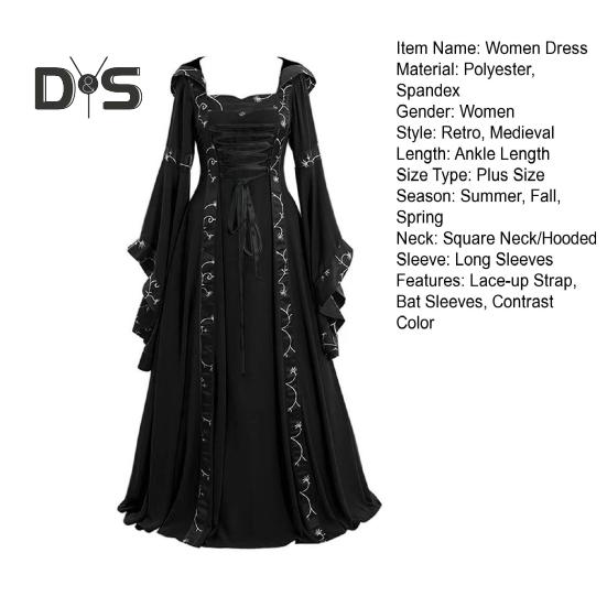 Dámské šaty Středověký královský styl Šněrovací Netopýří rukáv s kapucí Maxi šaty Obvod pasu Čtvercový límec Pódiové představení Halloween Renesanční cosplay