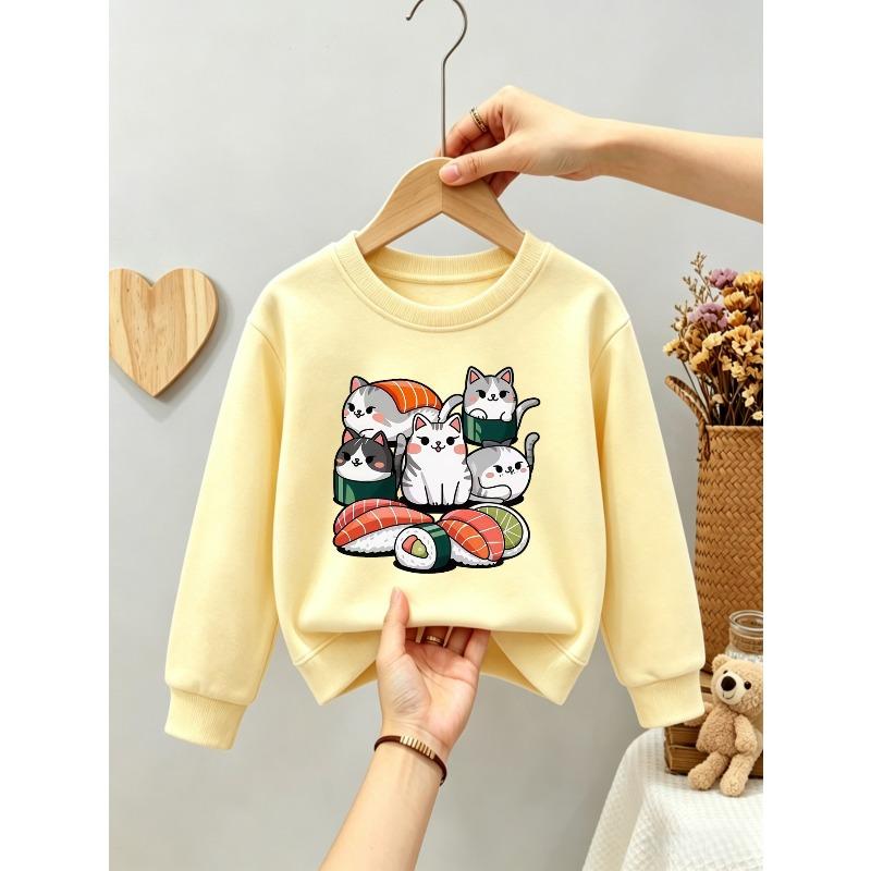 Kids Unisex Crewneck Sweatshirt, Cute Sushi Cat Cartoon Print Light Heather Gray Soft Fleece Pullover