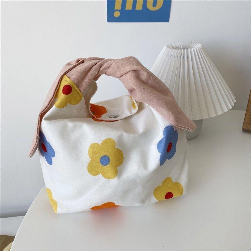 

Сумка для бенто в стиле инс с кроличьими ушками, японская сумка-тоут для ланч-бокса для пикников и походов, с цветочным принтом Flower