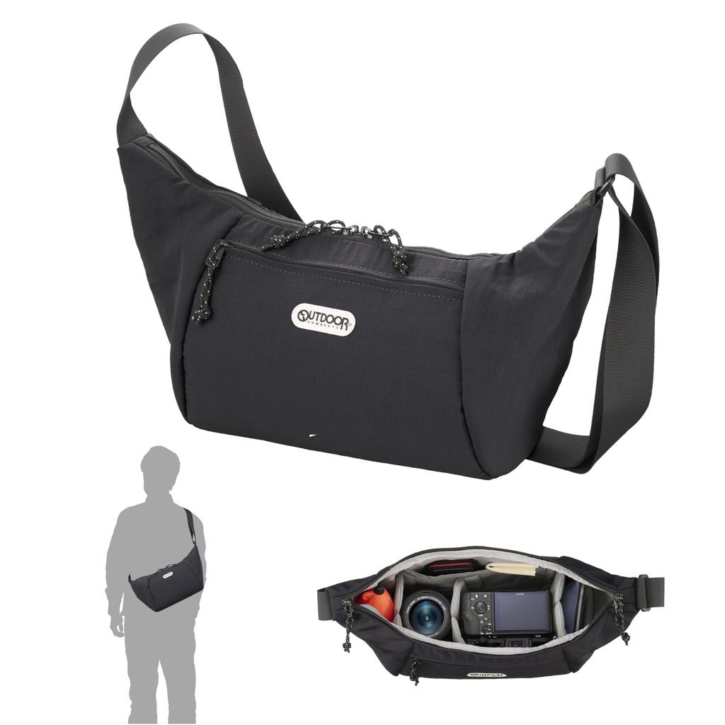 Hakuba Camera Shoulder Bag 06 AZ by OUTDOOR round design with YKK zippers and AMZODCSB06BK PRODUCTS, Black. Ultra-lightweight, water-repellent fabric.