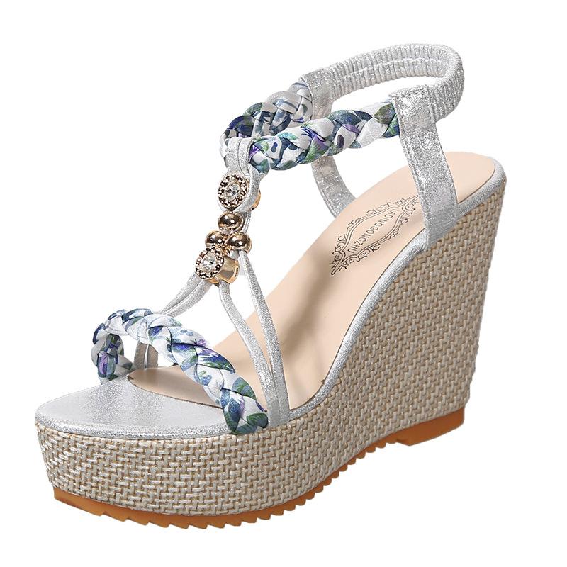 

Large size summer new wedge heel women s shoes color matching fabric weaving open-toed empty casual women s sandals 35 срібний
