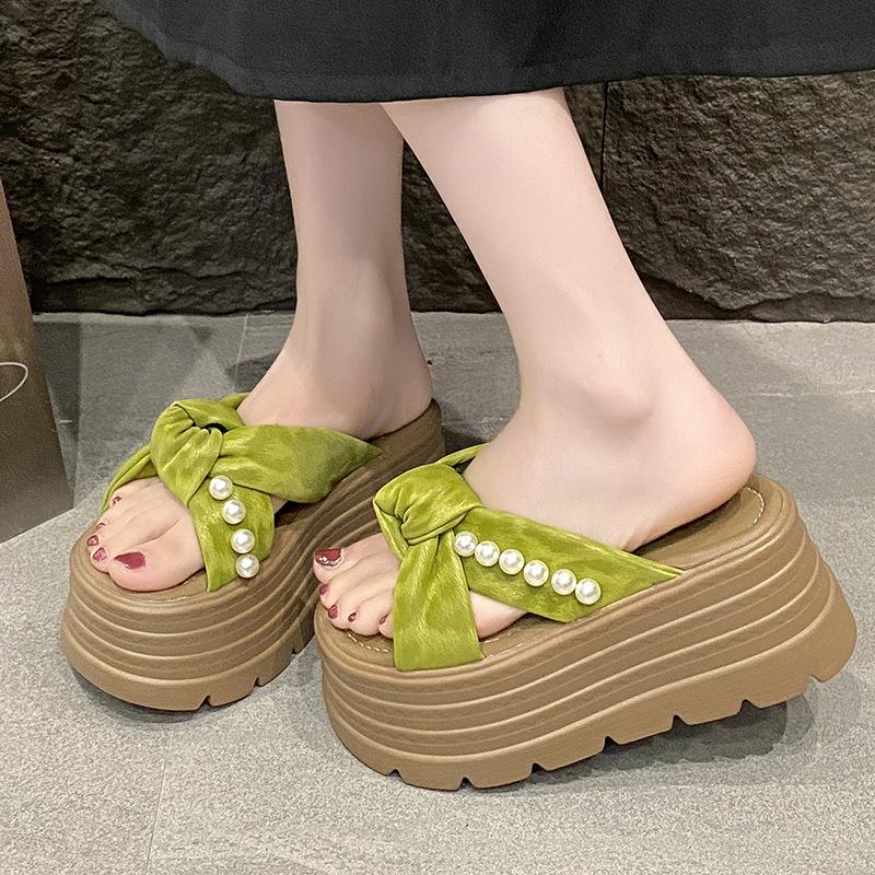 2025 Spring and Summer New Cool Slippers Muffin Thick Bottom Small Man Height Increase Bow Pearl Super High Thick Bottom Fashion Drag