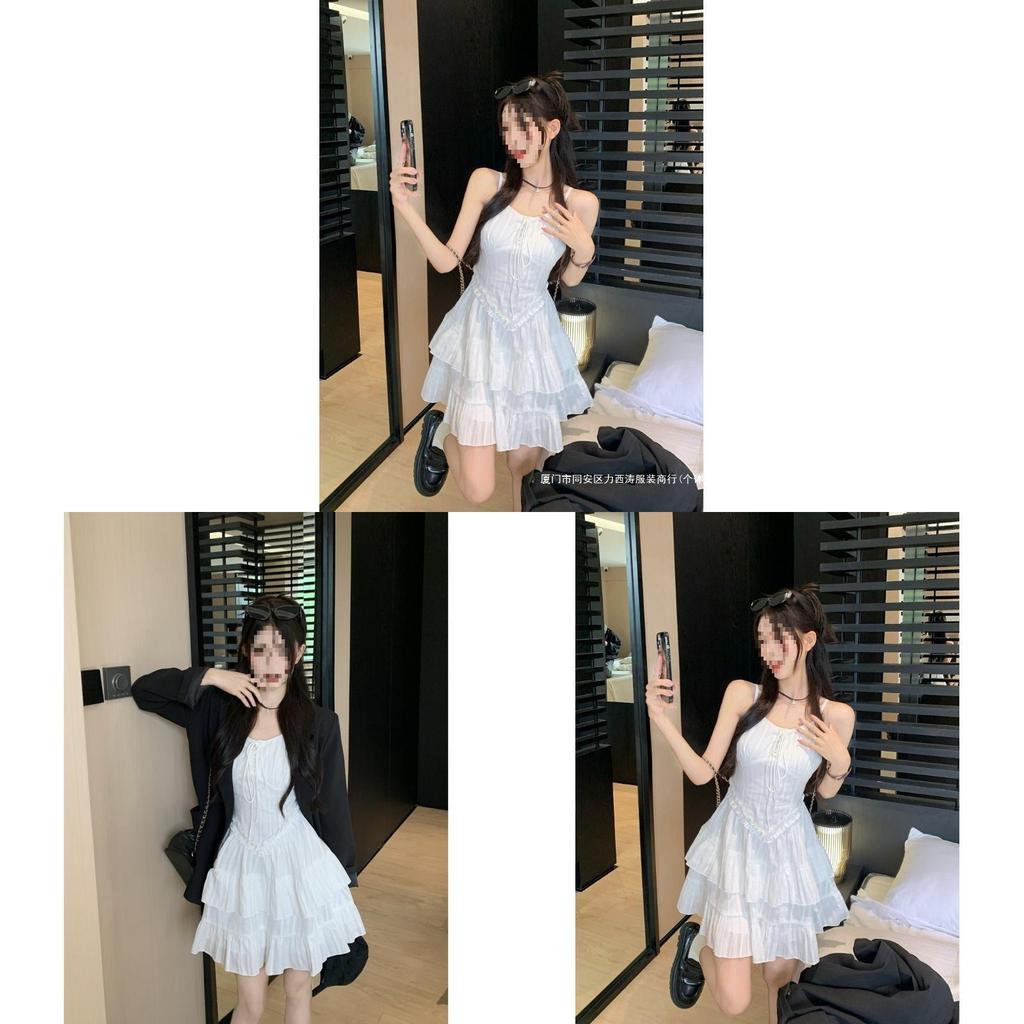 White Strap Dress Summer Knit Fabric Sleeveless Waist Short Skirt For Women