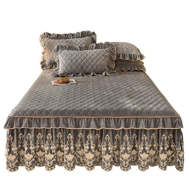 

Европейский бархатный покрывало для кровати, комплект королевского размера, роскошная юбка с вышивкой, мягкая с 2 наволочками, дропшиппинг 200x220cm 79x87inch