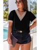 Azura Exchange Black Lace Trim Short Sleeve V Neck Plus Size Top