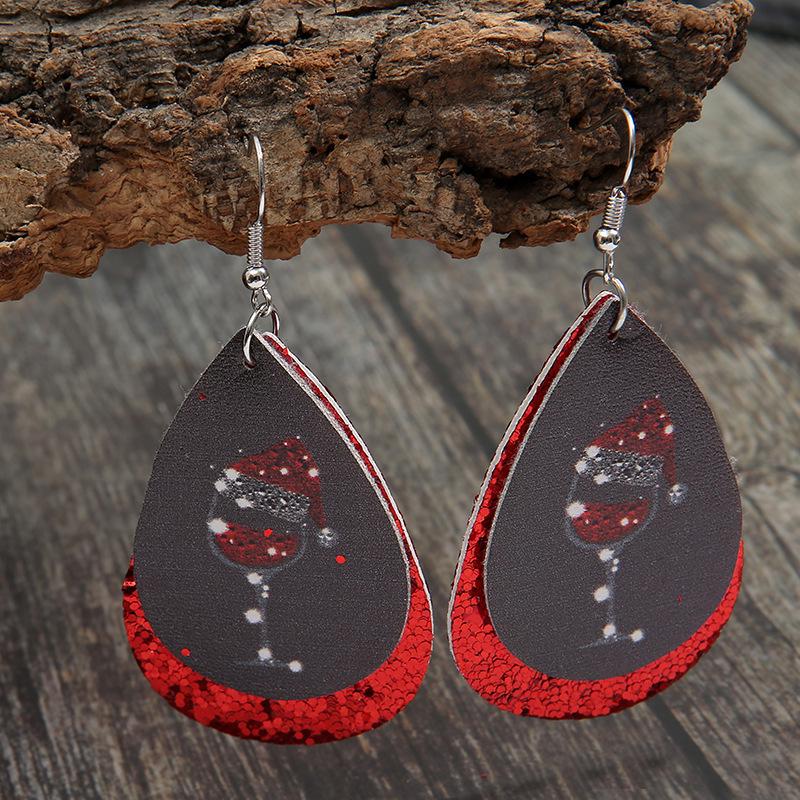 

Unique Christmas Teardrop Sequin Leather Earrings with Wine Glass and Hat Design