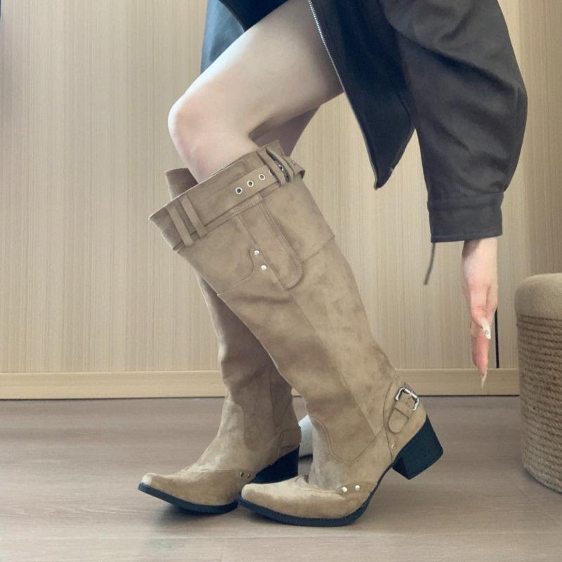 Women Boots Temperament Pointed Tall Boots Retro Belt Buckle Knight Boot Classic Western Cowboy Boot Women Knee High Boots Botas