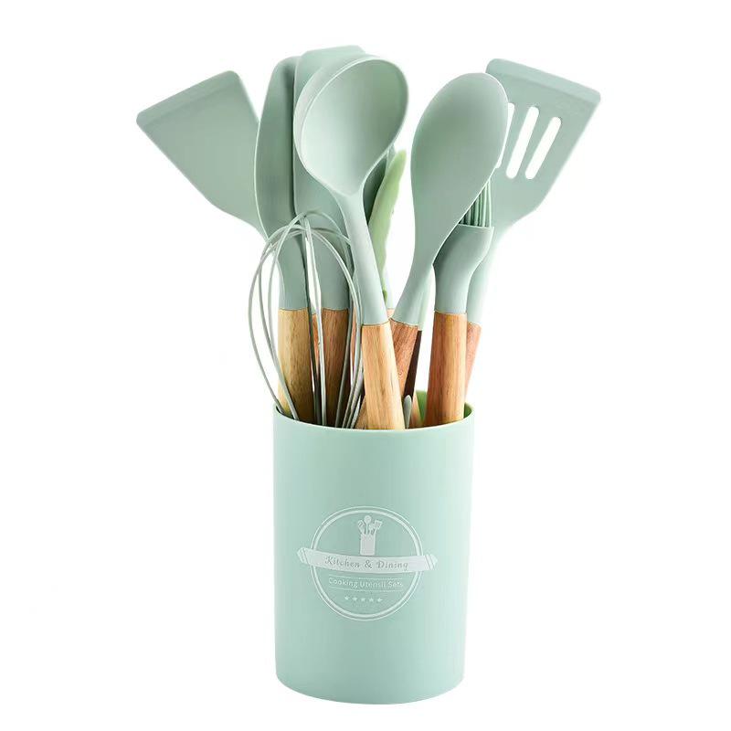 12-Piece Silicone Cookware Set with Wooden Handles - Non-stick, High-Temperature Resistant, Includes Spatula and Soup Ladle.