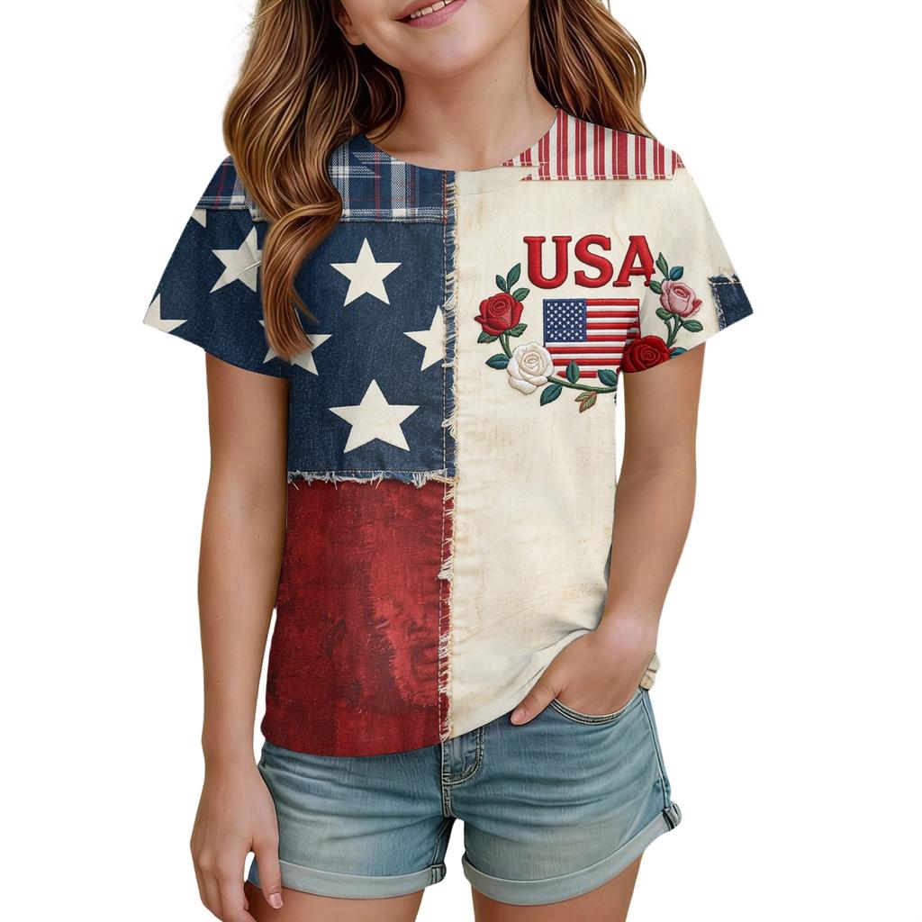 Kids Independence Day Print Round Neck Short Sleeve Casual T-shirt