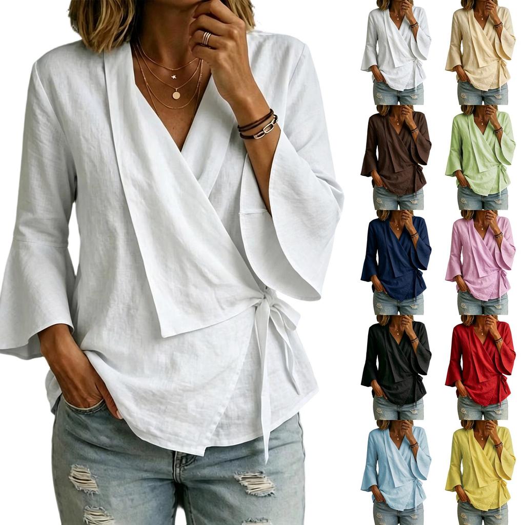 Damen Bluse mit Glockenärmeln, V-Ausschnitt, Bindung vorne und asymmetrischem Saum, Lässiges Baumwoll-Leinen Top