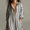 Long Sleeve Shirt Dress Patchwork Women Long Skirt Beach Wear Striped Dresses  Spring Summer