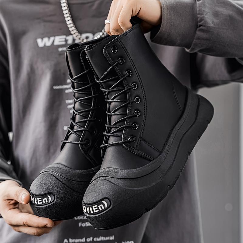 Large-size Autumn High-top Versatile Black Shoes, Men's Outdoor Anti-slip and Wear-resistant Casual Leather Boots