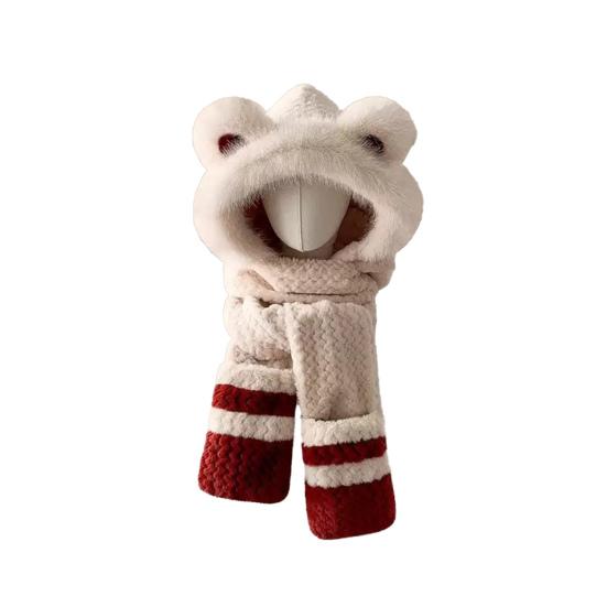 3 in 1 Hat Scarf Gloves Set Bear Ear Decor Thickened Plush Winter Hat Matching Scarf Gloves Function Cold Weather Outfit