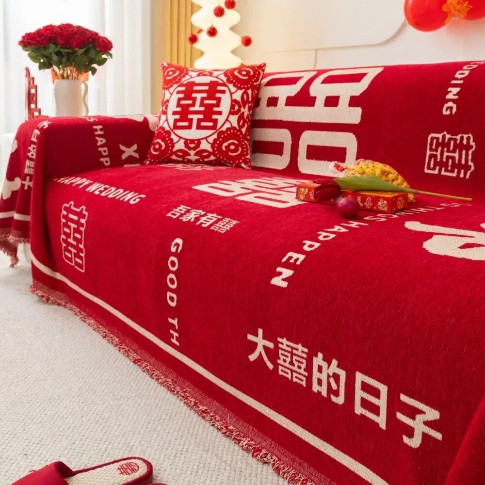 Chinese Wedding Sofa Cushion Cover Double Side Couch Cover Sofa Slipcover Universal Jubilant Anti-cat Sofa Cover 1.2.3.4 Seat