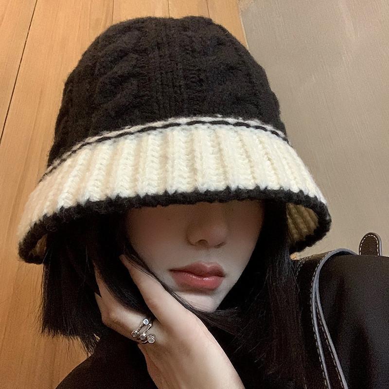 Black Knitted Fisherman Hat Women's Winter Korean Style Fashionable Wide Brim Cap