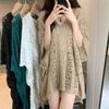 Women's Pure Cotton Hollow Lace-up V-neck Knitted Blouse Lazy Western Style Mid-length Bat-sleeved Blouse