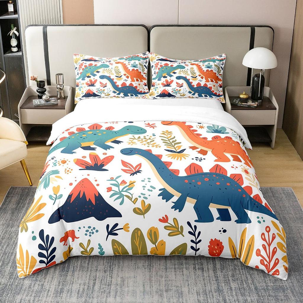 Colourful Dinosaur Duvet Cover For Kids Boys Girls Cartoon Dino Comforter Cover Floral Grass Mountain Bedding Set Wild Animal