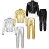 Kids Boys Girls Jazz Hip Hop Dance Costumes Shiny Metallic Long Sleeves Bomber Jacket and Sweatpants Set
