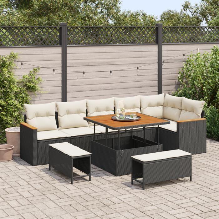 Ensemble de canapé de jardin 9 pièces avec coussins noir poly rattan acacia 3365005