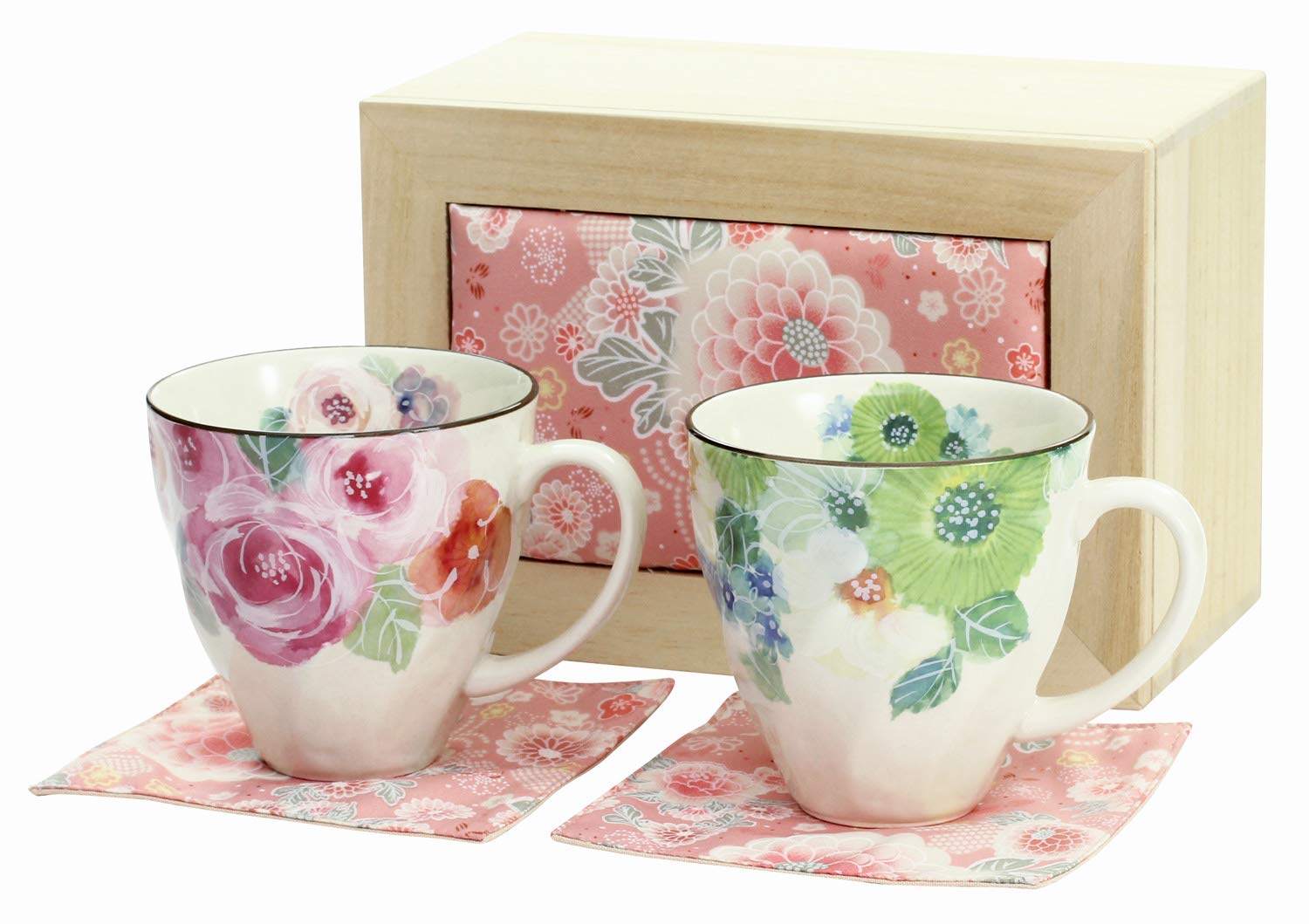 

Ceramic Ai Hyakka Ryoran Pair of Mugs, Pink/Green, Chirimen Wooden Box, 03730