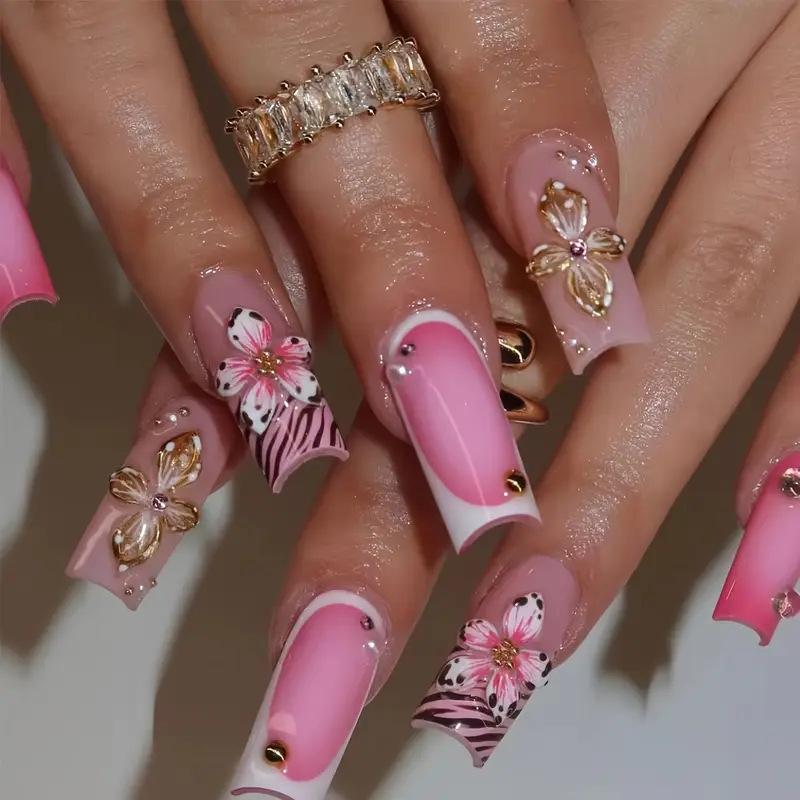 24Pcs Sweet Medium Square False Nails with Glue Blush Pink Flowers Fake Nails Full Cover French Acrylic Press On Nails for Girls
