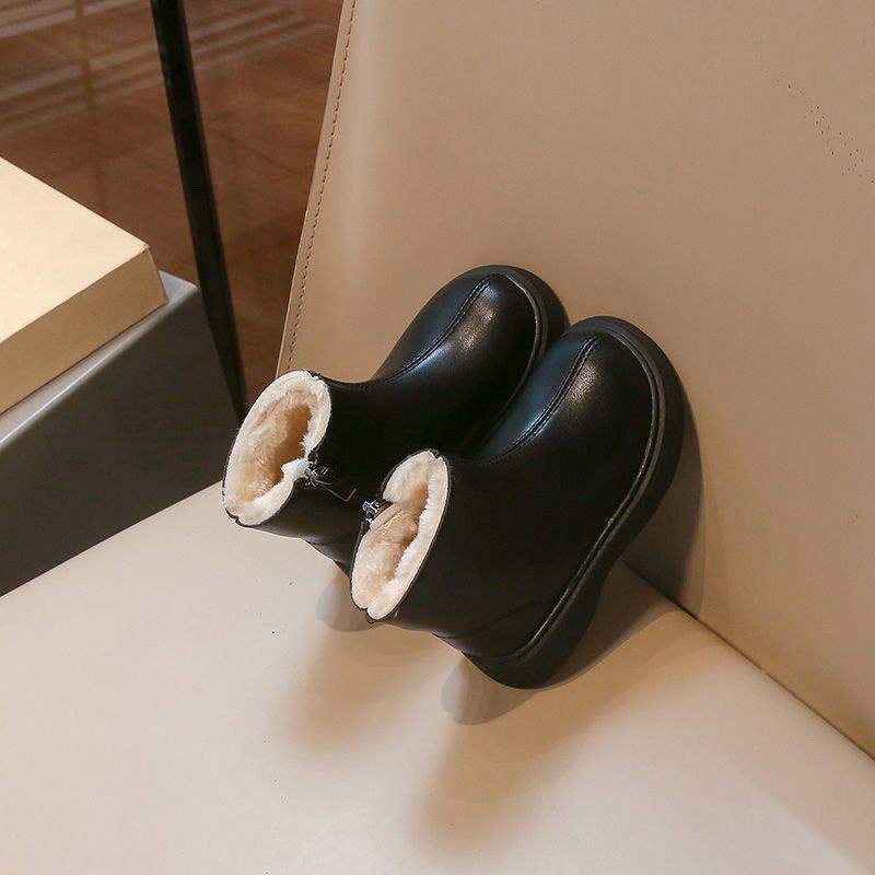 2025 Winter New Boots Fleece Leather Boots Children's Short Boots Soft Sole Boys and Girls Large Cotton Warm Martin Boots