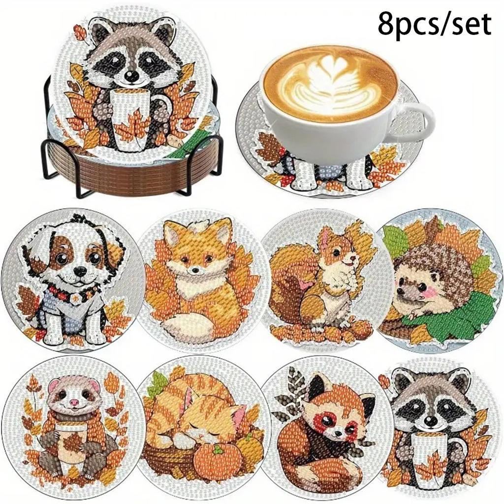 8 Pieces/set of Diamond Painted Animal Patterned Coasters, DIY Coasters with Holder, Suitable for Beginners and Adults, Art and Craft Supplies Gifts