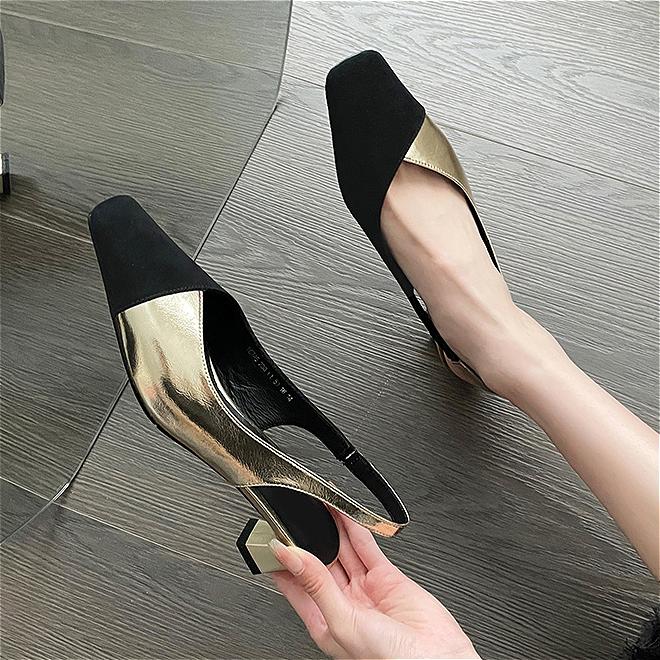 

Fashion Heeled Sandals Women Square Toe High Heels Shoes Slingback Slippers 2025 New Fashion Chunky Shallow Dress Party Pumps Plus Size 42 золотой
