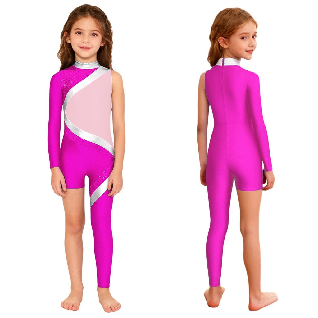 Kids Girls Stage Performance Jumpsuit: Mock Neck Shiny Sequins Color Block Asymmetrical Cut with Back Invisible Zipper