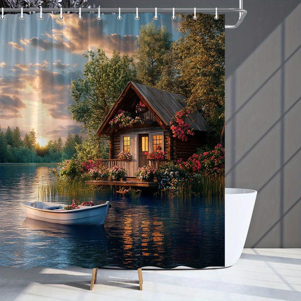 Коттедж на берегу озера Закат Водонепроницаемая шторка для душа для ванной комнаты с пластиковыми крючками W90XH180cm