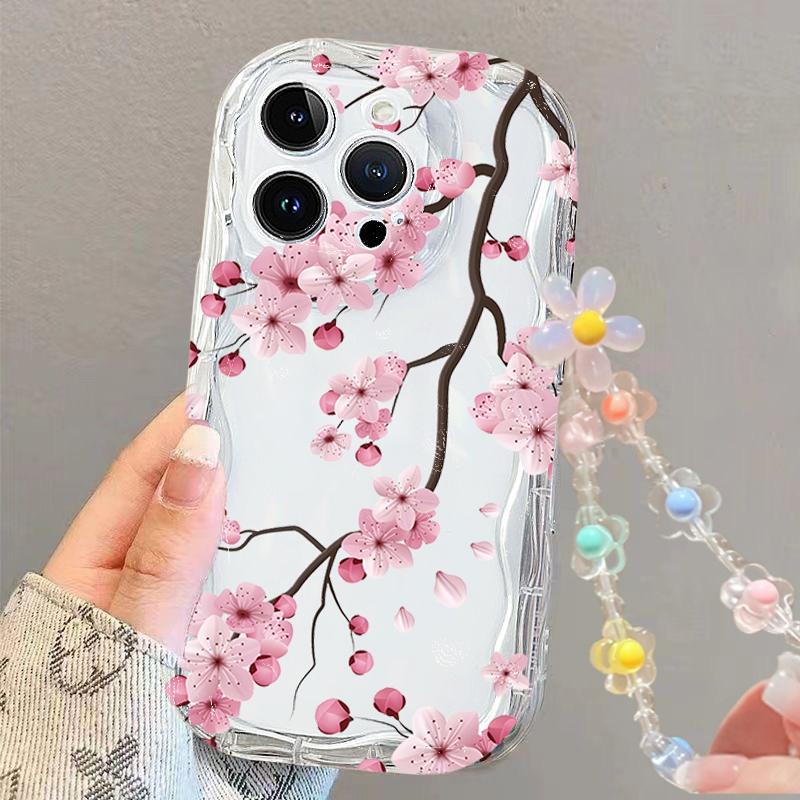 Clear Floral Leaf Chain Strap 3D Wave Case For IPhone 17 16 15 14 13 12 11 Pro Max 17 Pro 17 Air 16e 16 Plus 13 Mini Soft Cover