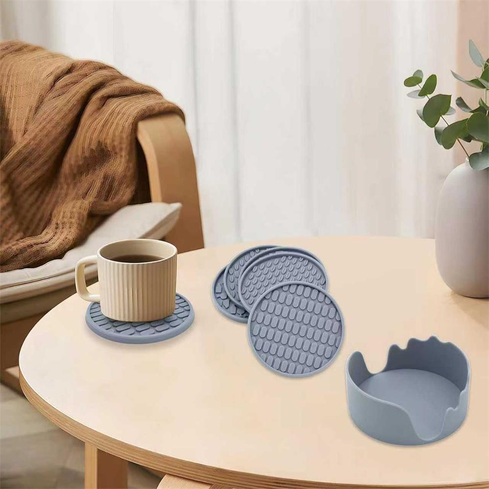 Silicone Drink Coasters with Holder, Set of 6, Outdoor Cup Mat for Hot or Cold Drinks, Thickened, Non-Slip,Non-Stick,