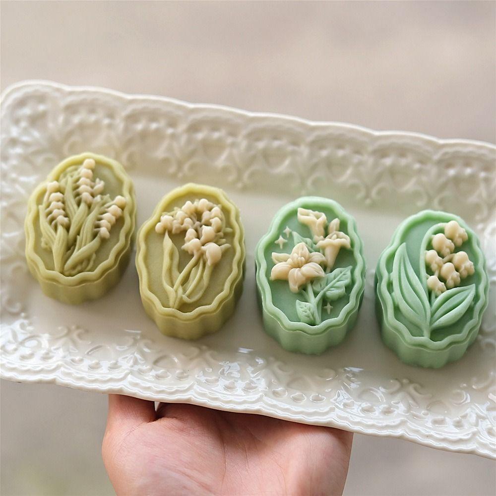 White Moon Cake Mould Plastic Embossed Stamp Mold Lilies of The Valley Mooncake Mold  Kitchen