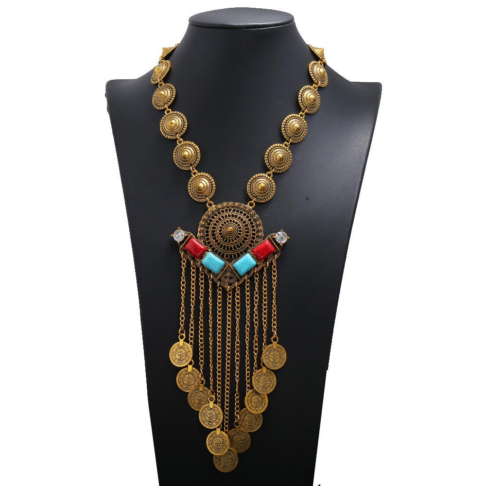 Retro Women Multilayer Coin Long Pendant Necklace With Alloy Waterfall Chain