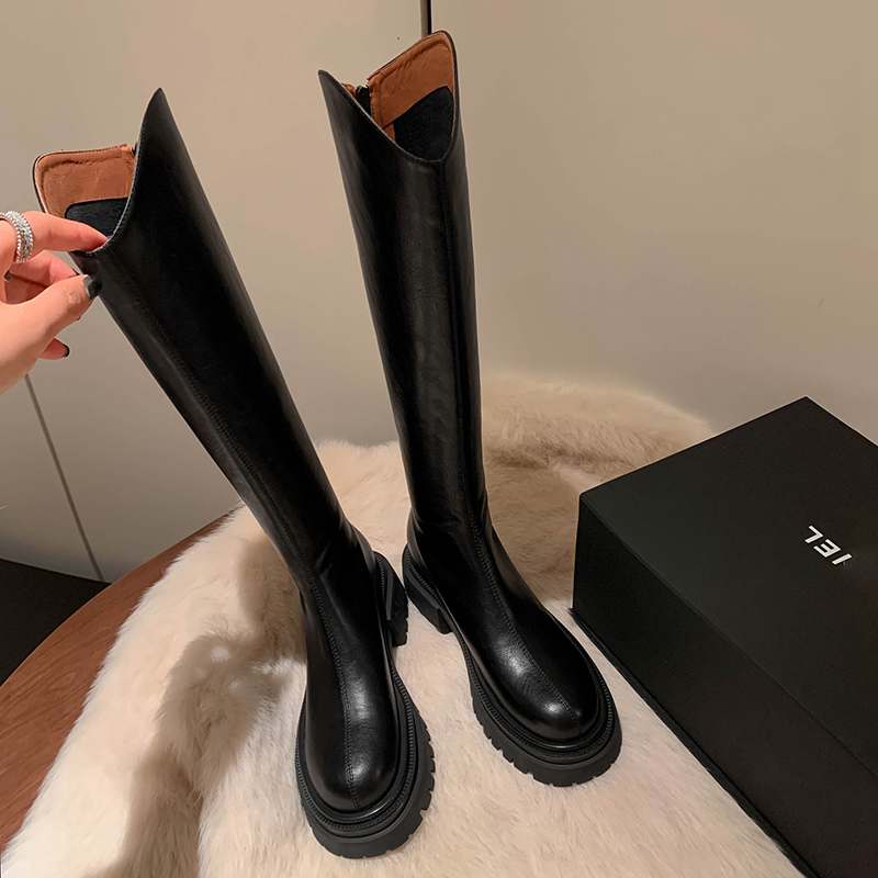 Krazing Pot Genuine Leather Spring Winter Shoes Thick Low Heels Riding Boots Stovepipe Platform Women Knee Boots