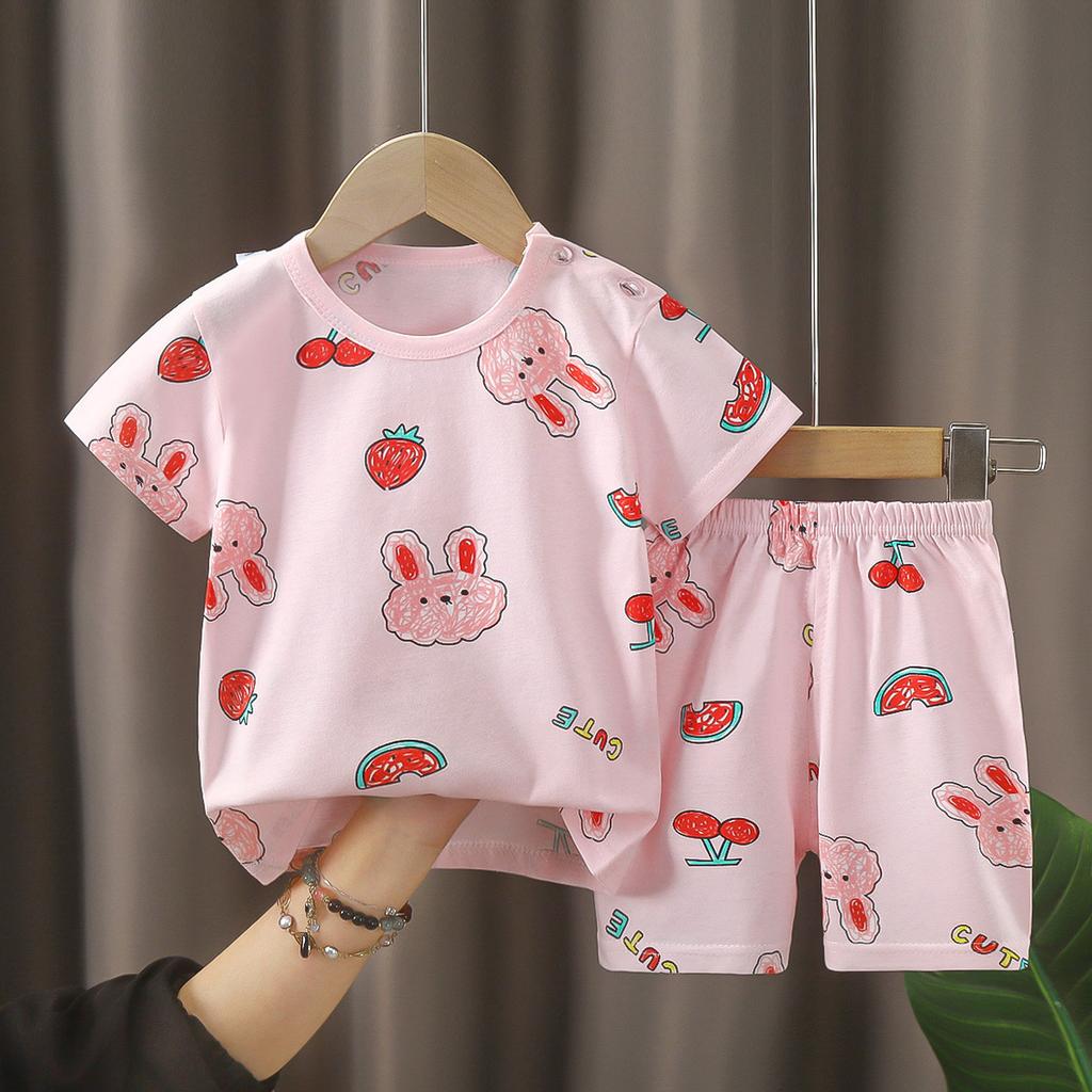 Kids Cotton Short Sleeve 2Pcs Set, Summer Shoulder Snap T-shirt & Shorts for Toddler Boys Girls
