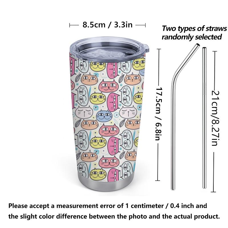 Car Tumbler 591ml Cat Avatar Floral Element Straw Cup Hot Cold Cup 20oz Car Straw Cup Straight Tumbler Insulated Travel Cup