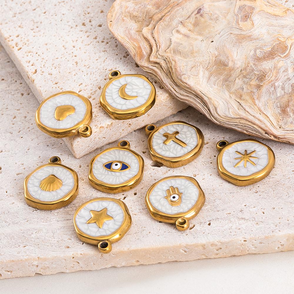 5 Pcs/Lot French Retro Style Enameled Round Stainless Steel Multi Pattern Pendant For DIY Necklace Jewelry Accessories Wholesale