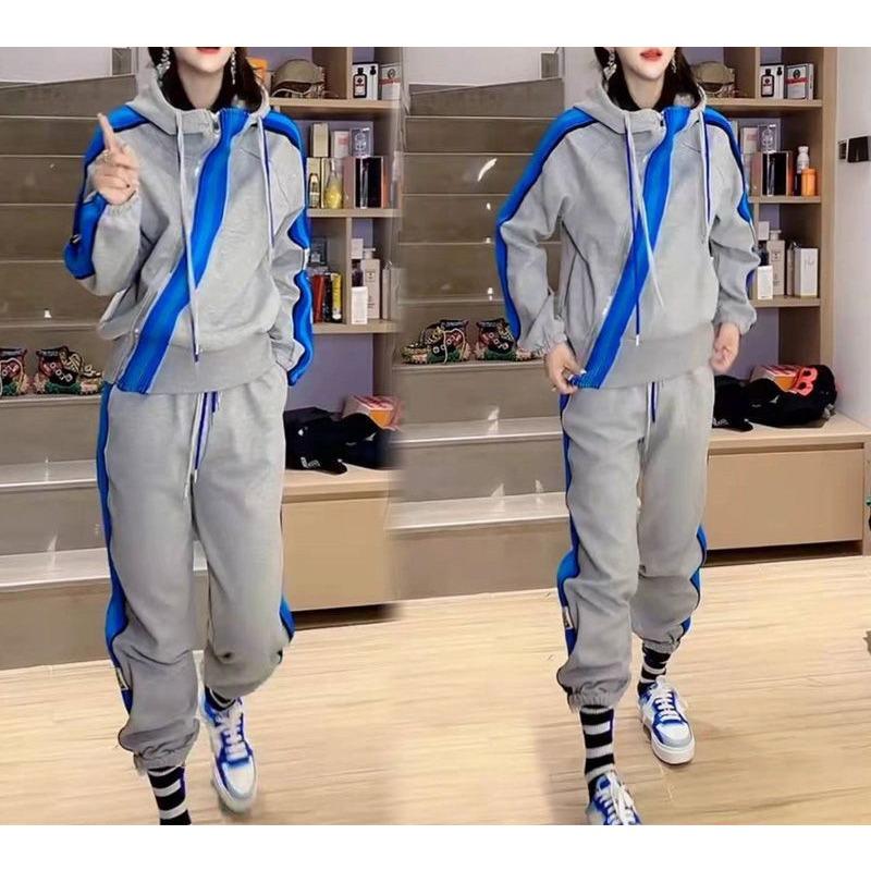 Casual Sports Fashion Suit for Women Spring and Autumn Loose Large Size Diagonal Zipper Two-piece Set