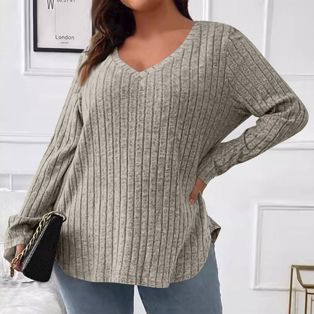 Women's  And Winter Solid Colour Plus Size Women's Tops V-Neck Long Sleeve Striped Milled Loose Pullover T-Shirt