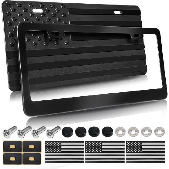 American Flag Front Bumper License Plate - Black Plastic Plates With 3D Embossed Patriotic Decor For Cars With Screws