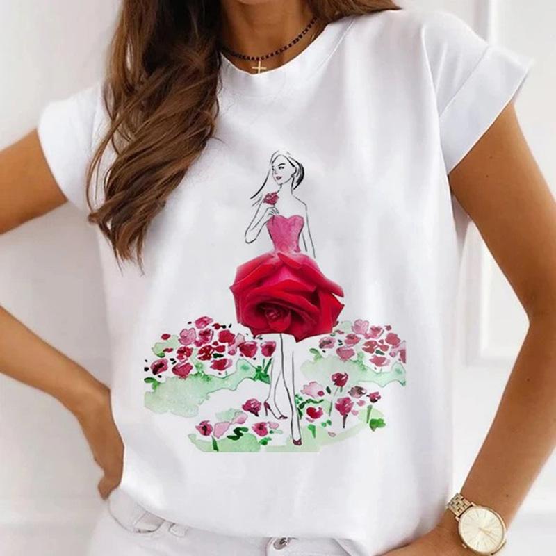 Módní kreativní 3D Rose Flower Grafika Dámské Tričko Letní halenka 90S Volný Trička s krátkým rukávem Bílý výstřih do O Dámské topy Oblečení