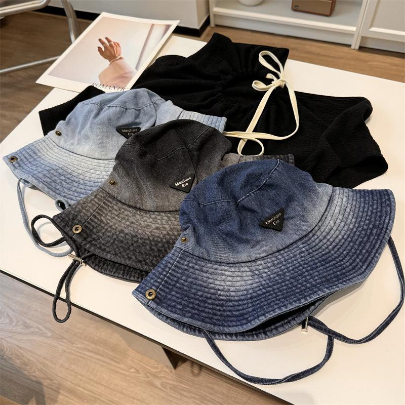 Washed Denim Outdoor Hiking Hat Women Hiking Big Head Circumference Bucket Hat Sunshade Sunscreen Western Denim Hat