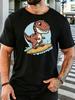 Red Unisexs Tee Surfing Dinosaur Cartoon Print Crew Neck Cotton Short Sleeve Trend Male Street Summer Soft Daily Casual Wear