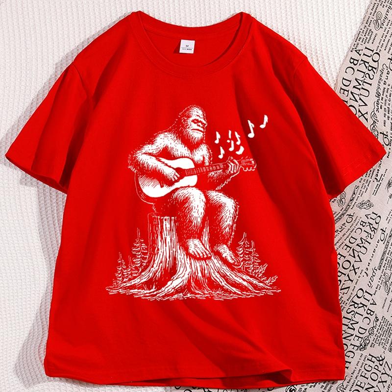 Retro Bigfoot Playing Guitar Funny 90s T Shirt Casual Cotton Short Sleeve Bigfoot Tshirt Loose Comfortable Graphic Tees S