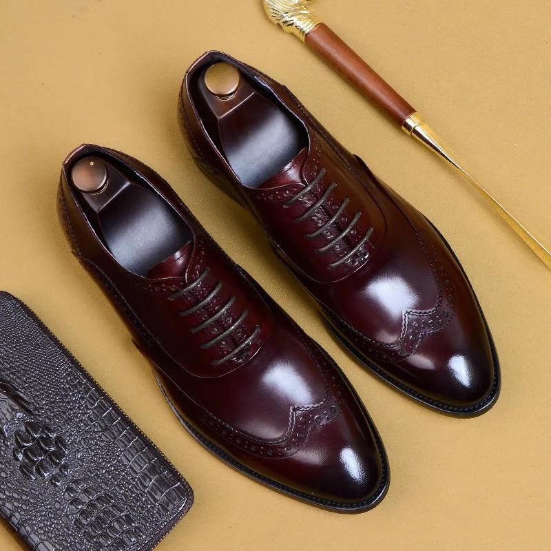Genuine Cow Leather Brogue Wedding Business Men Casual Flats Vintage Handmade Oxford Shoes for Men Black Burgundy 2024