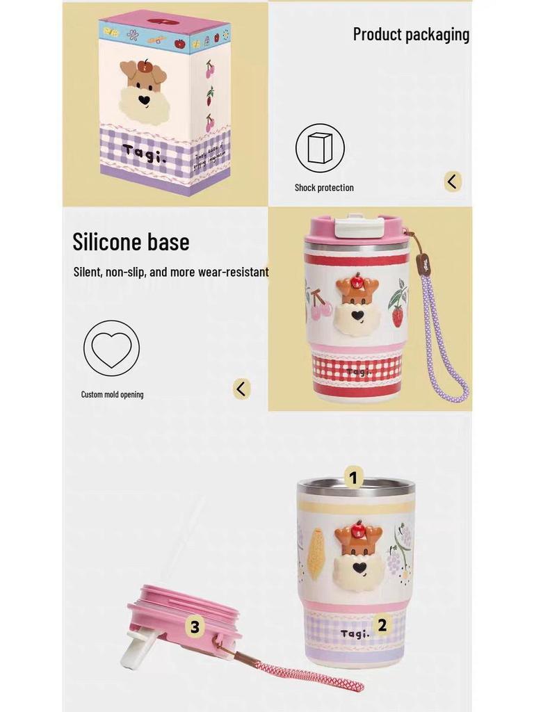 Popcorn Tragbarer Isolierbecher mit Doppeltrinkhalm Edelstahl