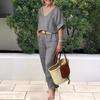 Pant Sets Linen Loose Women's Suit Short Sleeve V-Neck Top Long Pants Casual 2 Piece Set Female Fashion Ladies Clothes