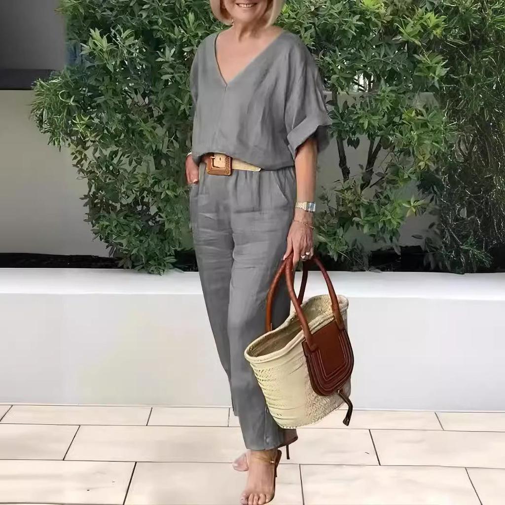 Pant Sets Linen Loose Women's Suit Short Sleeve V-Neck Top Long Pants Casual 2 Piece Set Female Fashion Ladies Clothes