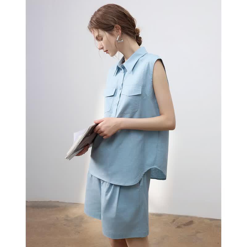 Demana Women s Summer Linen Blend Sleeveless Top  Shorts Set S